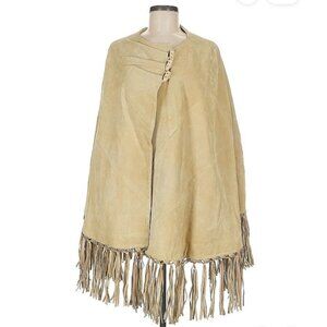 🦬 Terry Lewis Vintage Beige Leather Poncho Circle Cape Bone Toggles Tassels